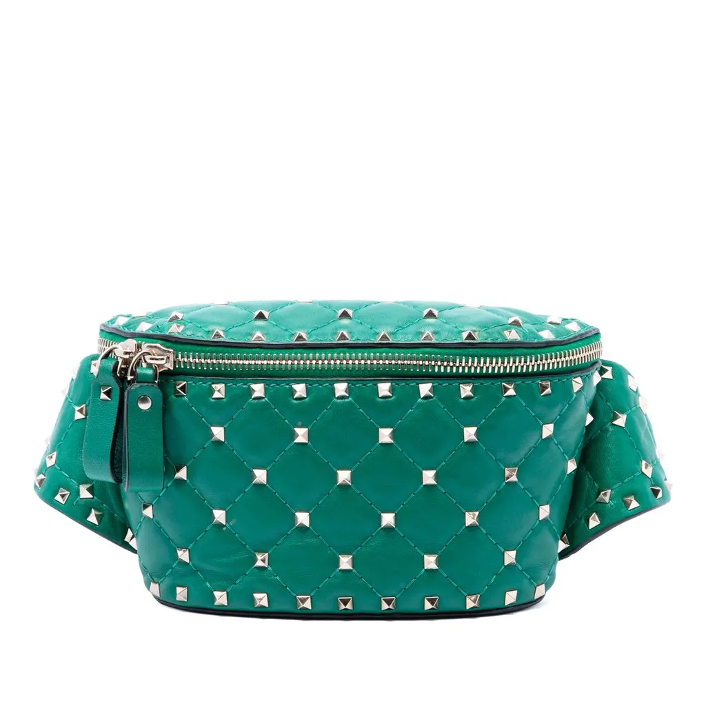 Valentino Nappa Rockstud Spike Belt Bag Green Leather Good - Front View
