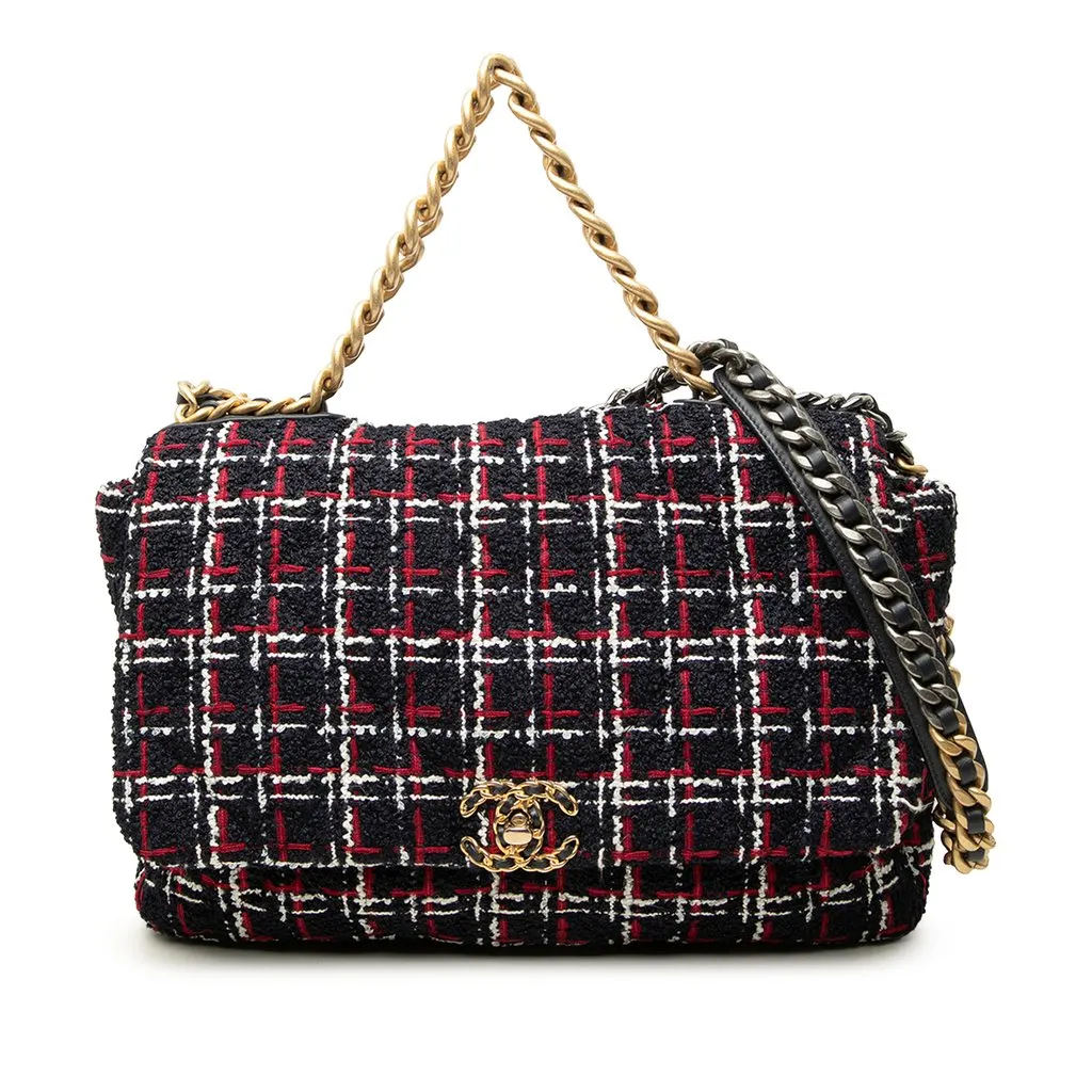 Chanel Maxi Tweed 19 Flap Blue Tweed Good - Front View
