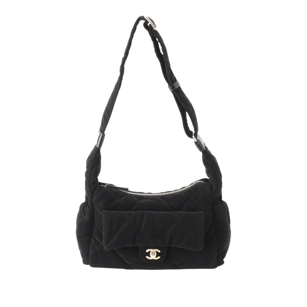 Chanel Large CC Quilted Velvet Effect Nylon Bowling Bag Black Very good - Front View