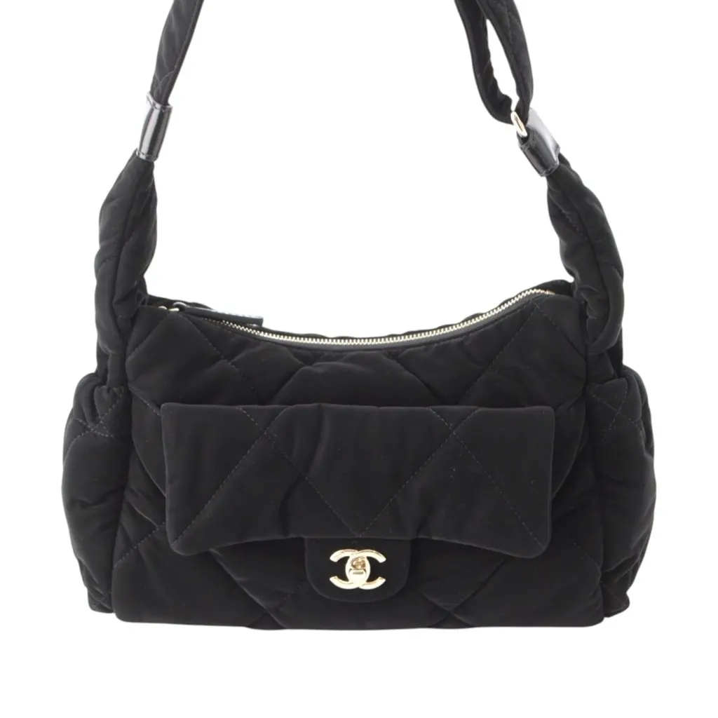Chanel Large CC Quilted Velvet Effect Nylon Bowling Bag Black Very good - Back View