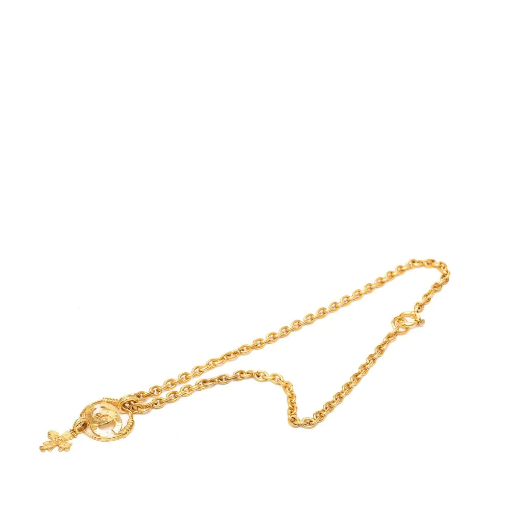 Chanel CC Gold Plated Cross Pendant Necklace Gold Metal Very good - Front View