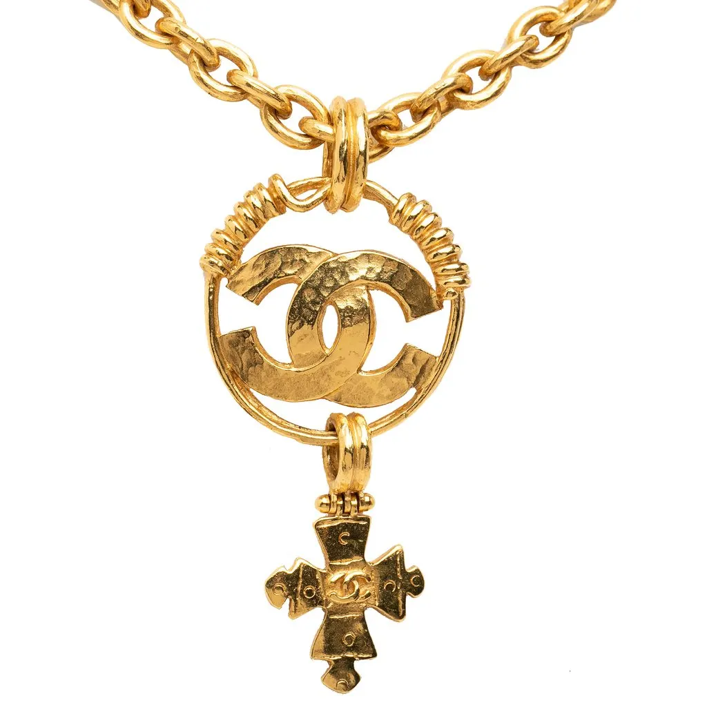 Chanel CC Gold Plated Cross Pendant Necklace Gold Metal Very good - Back View