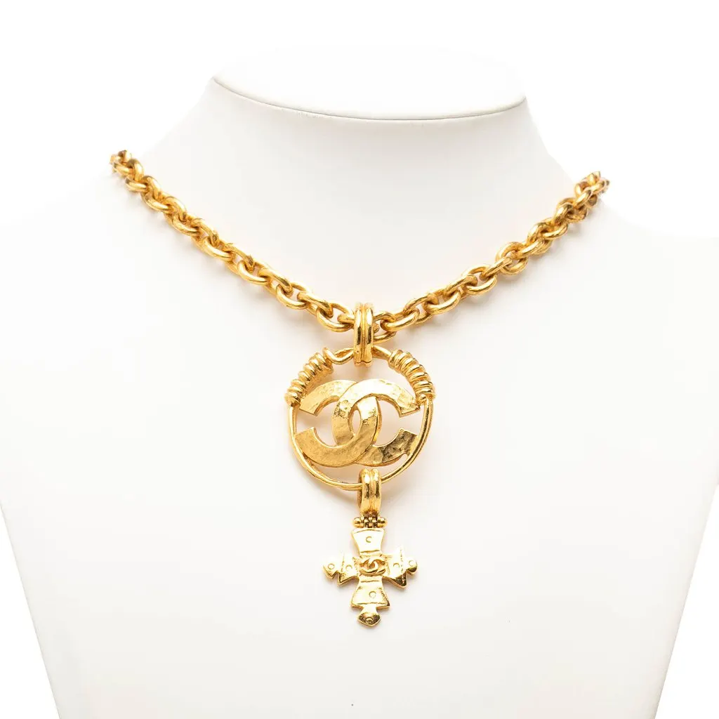 Chanel CC Gold Plated Cross Pendant Necklace Gold Metal Very good - Box View