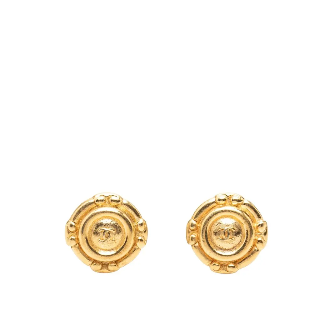 Chanel CC Gold Plated Round Clip On Earrings Gold Metal Very good - Front View
