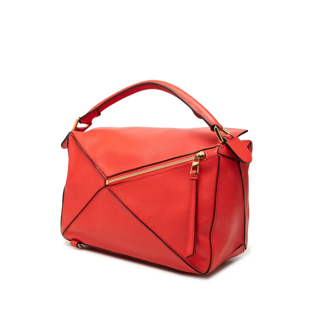 Loewe Medium Calfskin Puzzle Satchel Red Leather Good - Back View