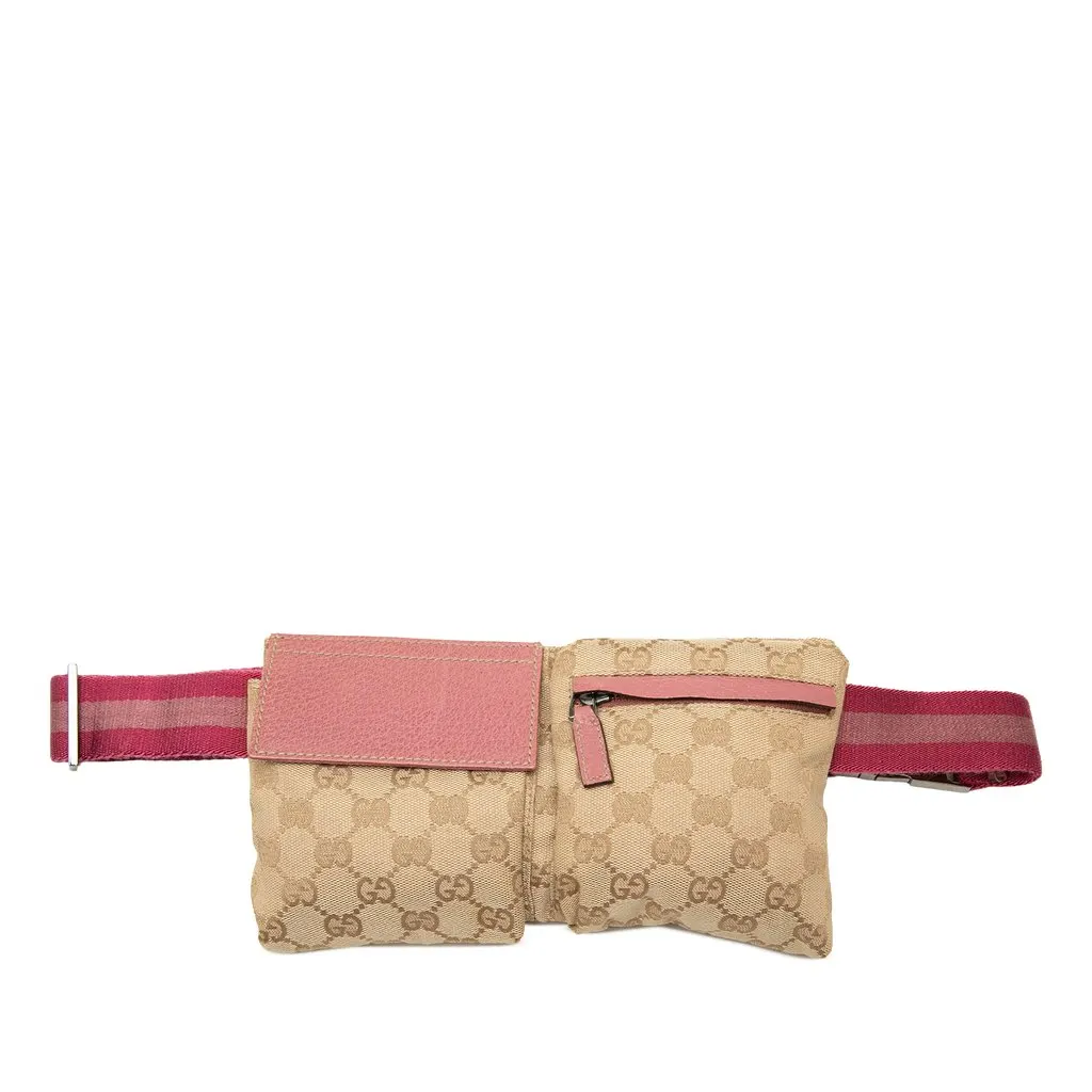 Gucci GG Canvas Web Double Pocket Belt Bag Beige Very good - Front View
