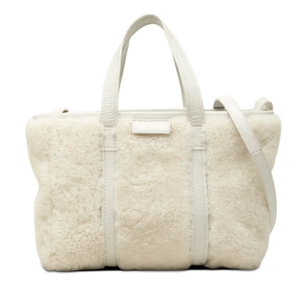 Balenciaga Small Shearling and Leather Barbes East West Shopper Tote White Very good - Front View