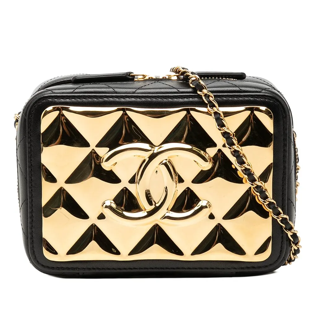 Chanel Mini CC Quilted Lambskin and Golden Plate Vanity Crossbody Black Leather Very good - Front View