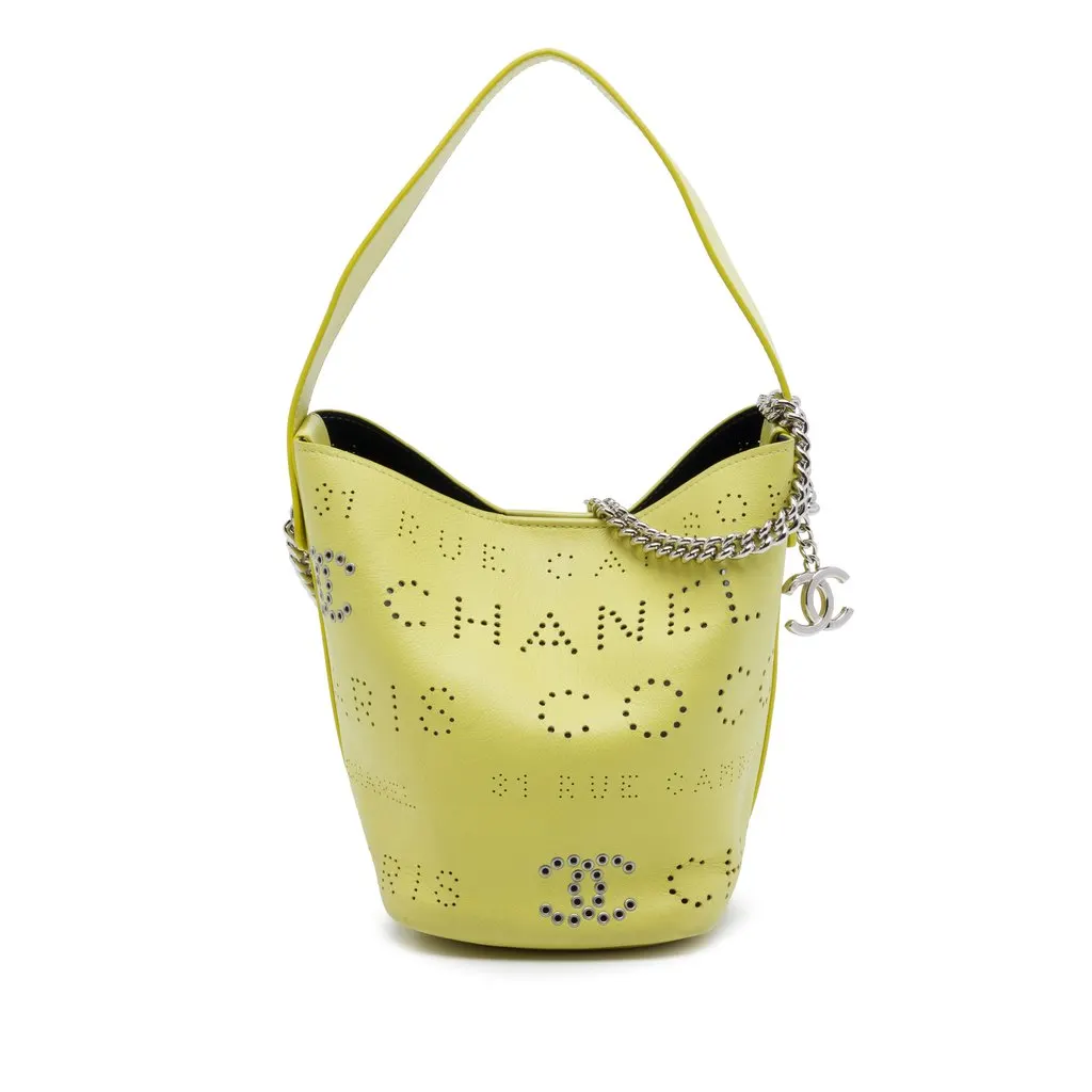 Chanel Small Perforated Calfskin Logo Eyelet Bucket Bag Yellow Leather Very good - Front View