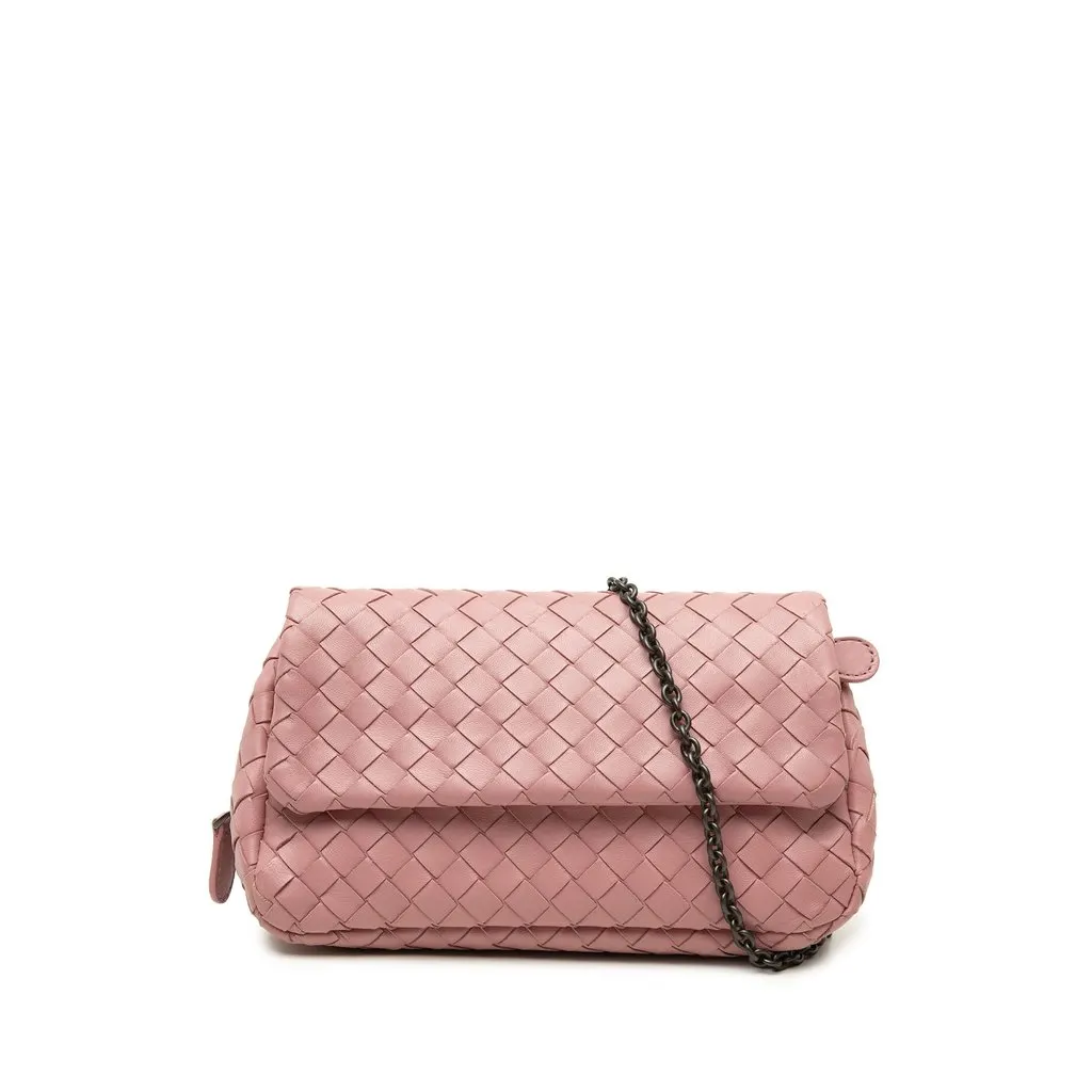 Bottega Veneta Mini Nappa Intrecciato Expandable Chain Flap Crossbody Pink Leather Good - Front View