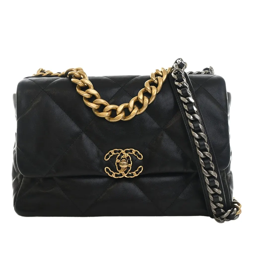 Chanel Large Lambskin 19 Flap Black Leather Very good - Front View