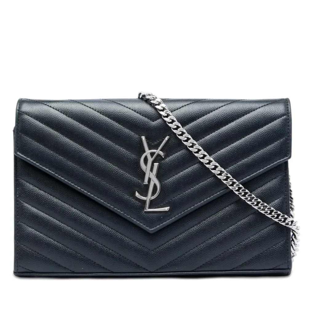 Saint Laurent Grain De Poudre Chevron Cassandre Envelope Chain Wallet Black Leather Very good - Front View