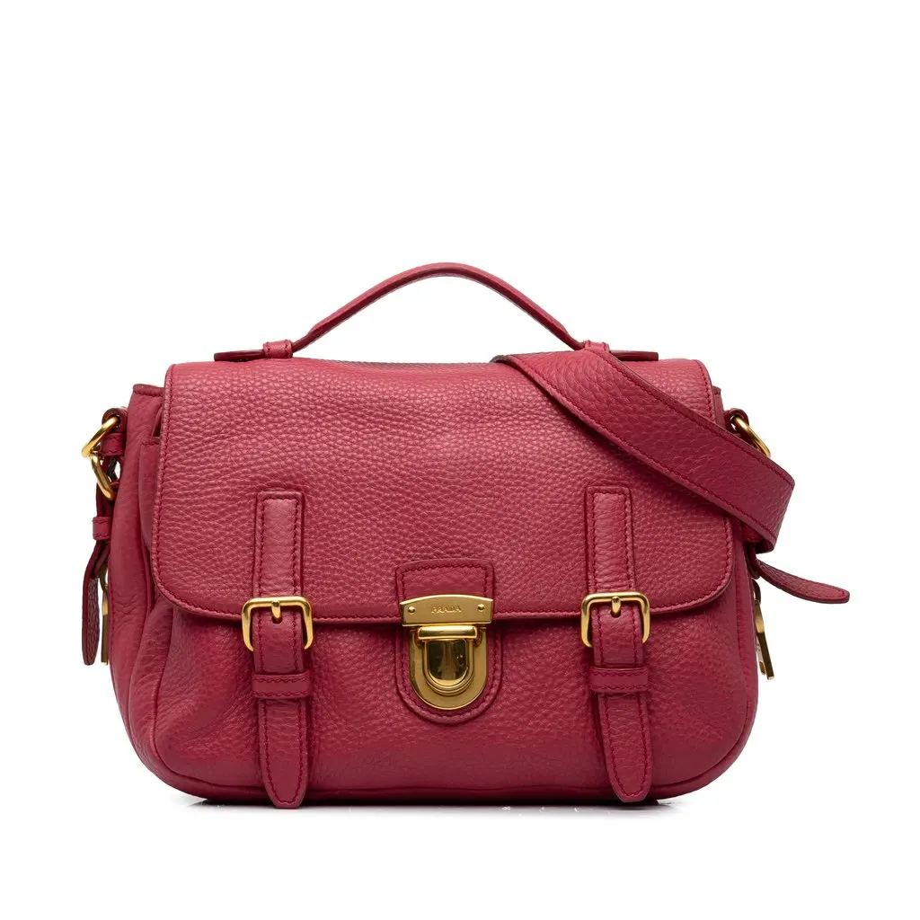 Prada Vitello Daino Push Lock Double Buckle Messenger Bag Pink Leather Very good - Front View