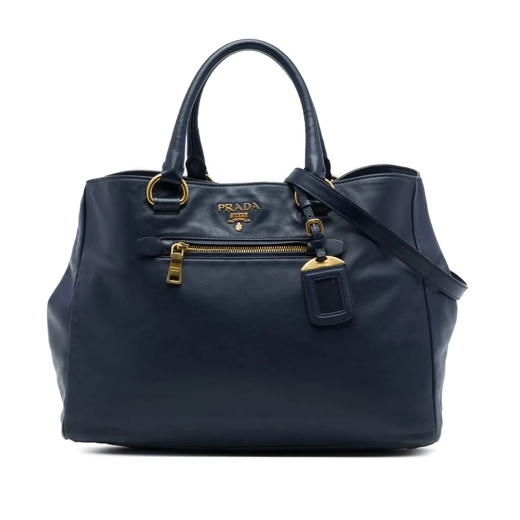 Prada Soft Calfskin Shopping Tote Blue Leather Very good - Front View