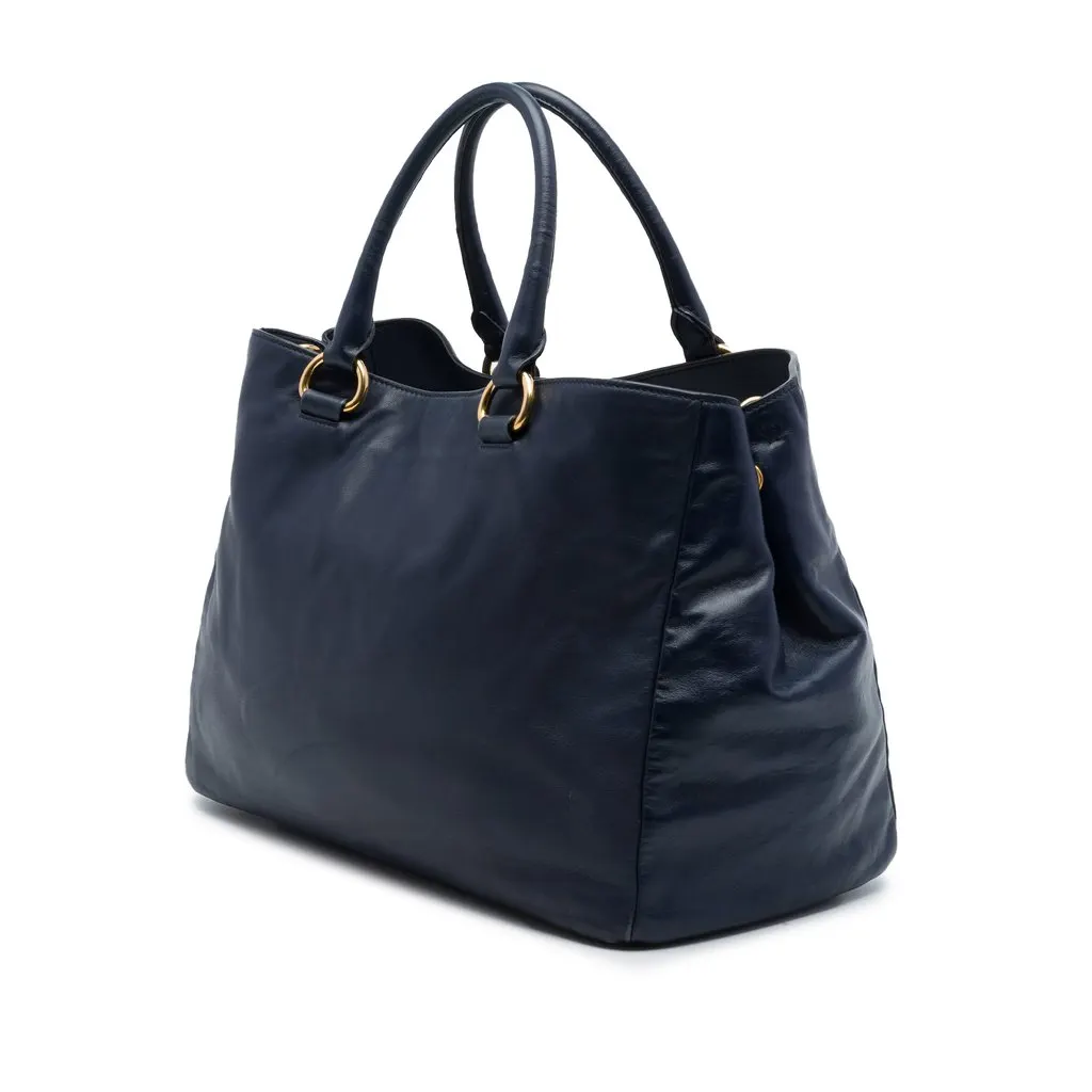 Prada Soft Calfskin Shopping Tote Blue Leather Very good - Back View