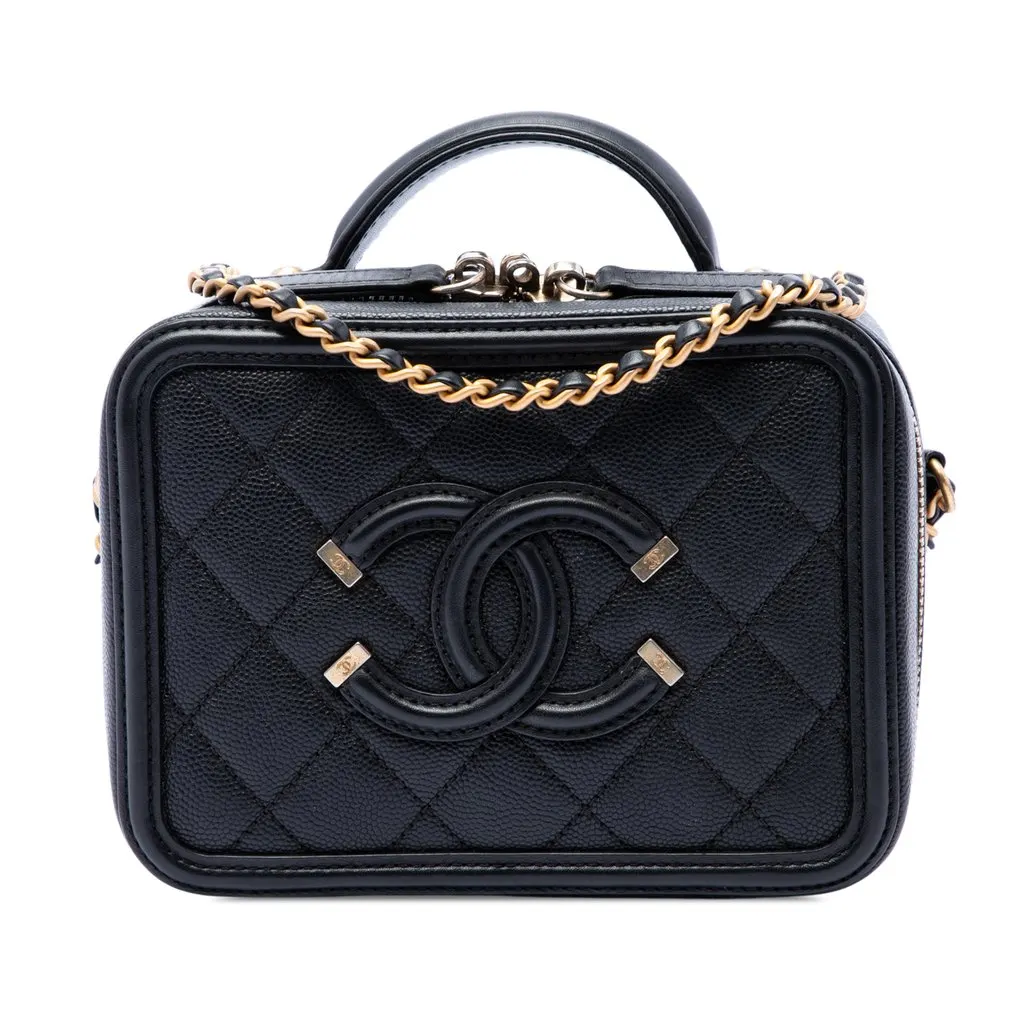 Chanel Small Caviar CC Filigree Vanity Case Black Leather Very good - Front View