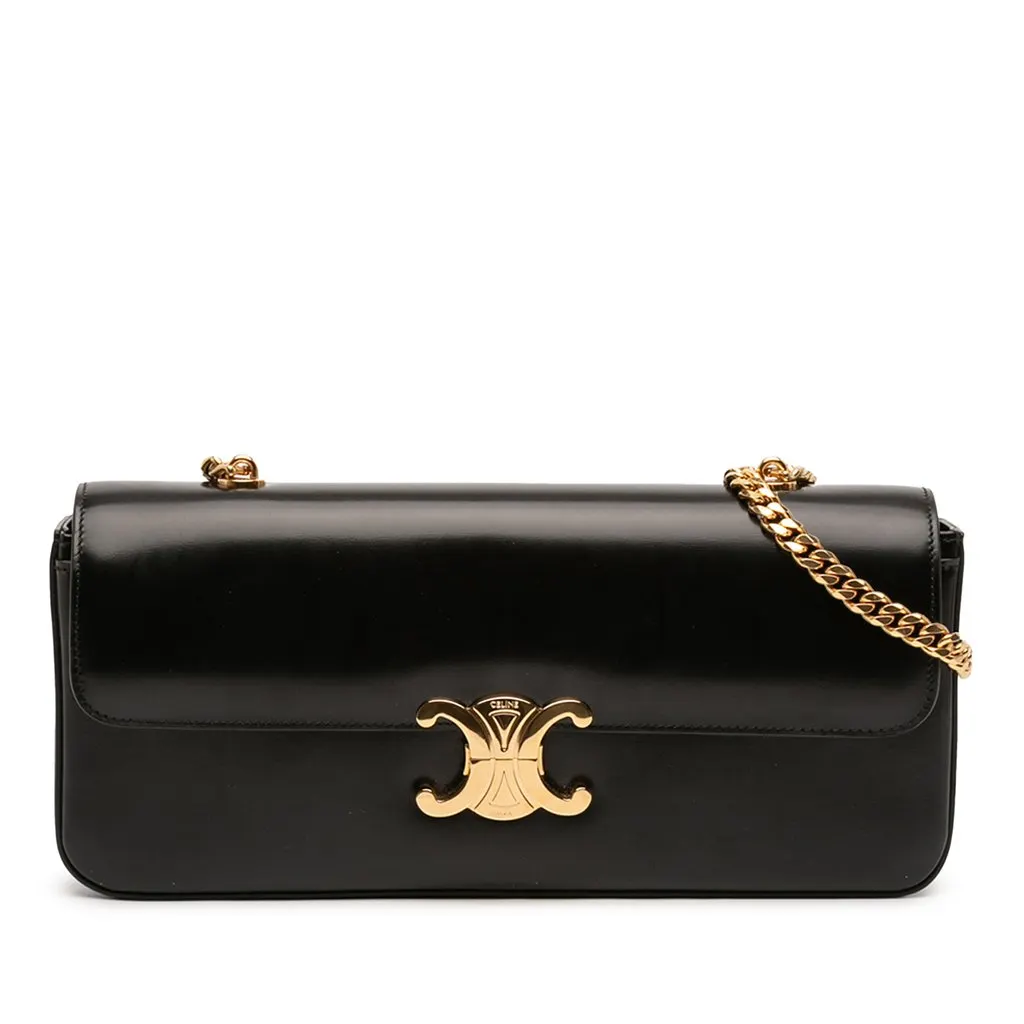 Celine Shiny Calfskin Triomphe Chain Shoulder Bag Black Leather Very good - Front View