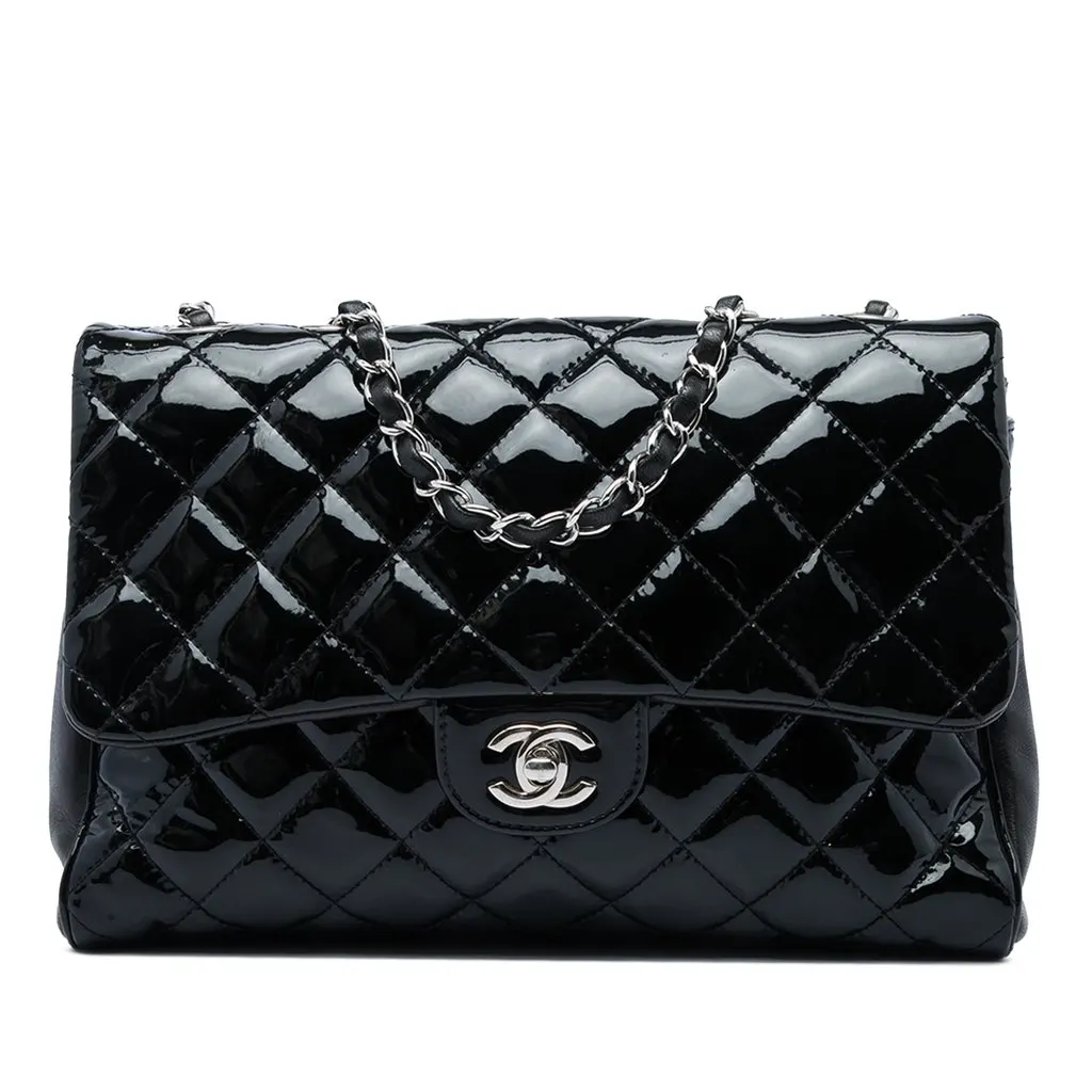 Chanel Large CC Quilted Patent Double Compartment Flap Black Leather Very good - Front View