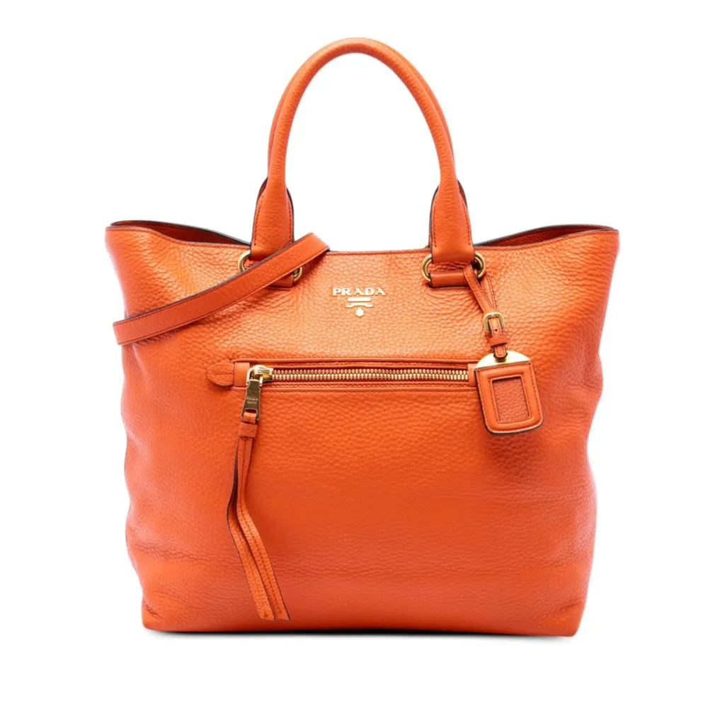 Prada Vitello Daino Front Pocket Open Convertible Tote Orange Leather Very good - Front View