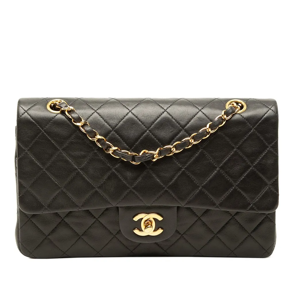 Chanel Medium Classic Lambskin Double Flap Black Leather Good - Front View