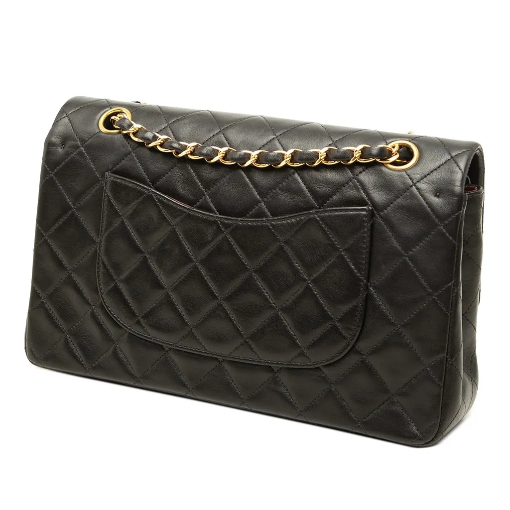 Chanel Medium Classic Lambskin Double Flap Black Leather Good - Back View