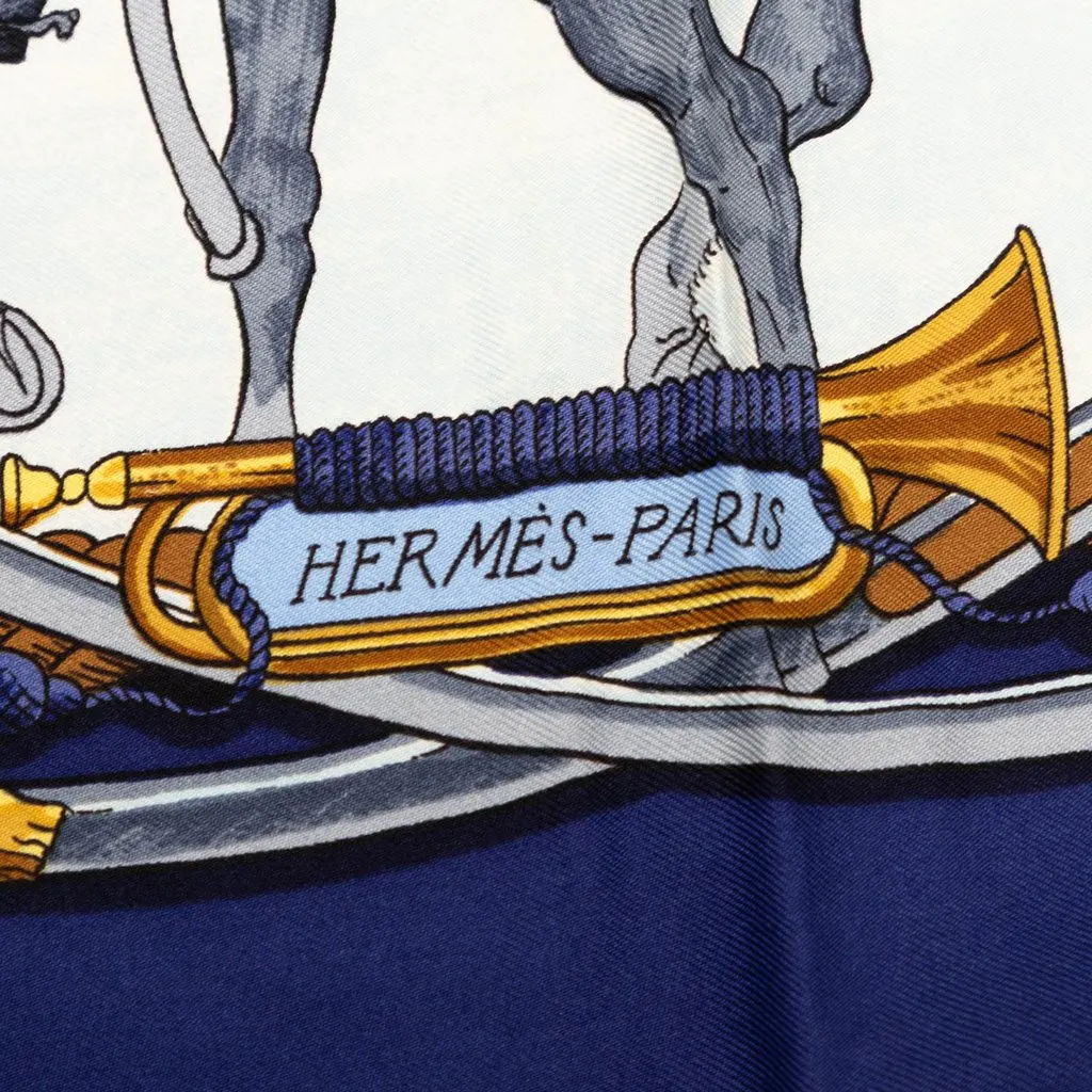 Hermès Marine et Cavalerie Silk Scarf 90 Blue Very good - Model View
