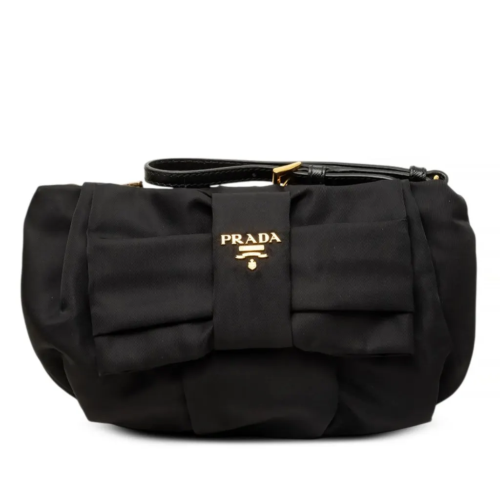 Prada Tessuto Bow Wristlet Clutch Black Polyamide Good - Front View