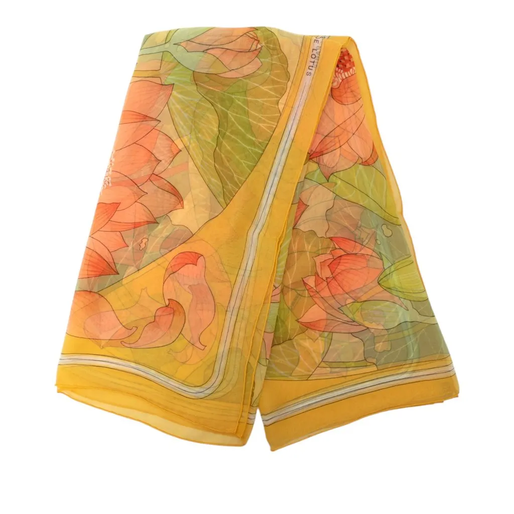 Hermès Fleurs De Lotus Mousseline Silk Scarf 90 Yellow Silk Very good - Front View