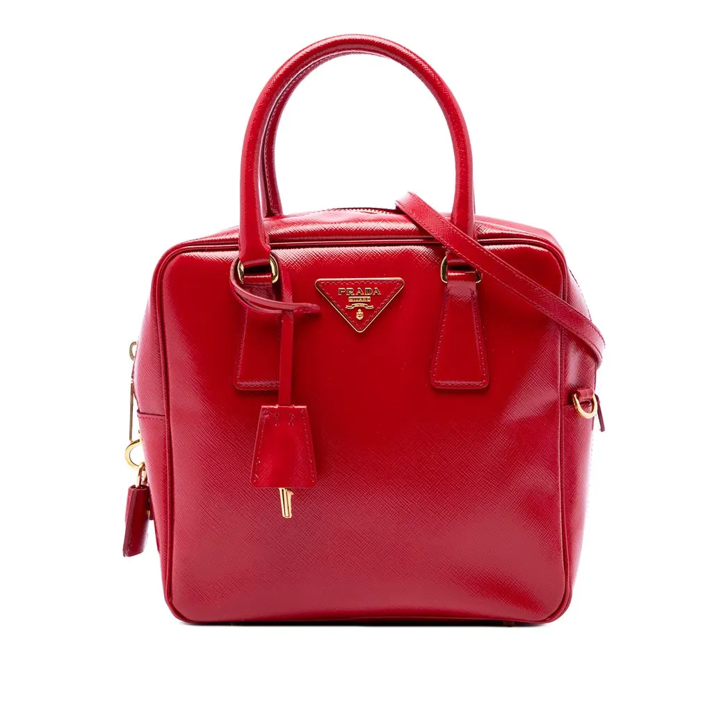 Prada Small Saffiano Vernice Square Bauletto Satchel Red Leather Very good - Front View
