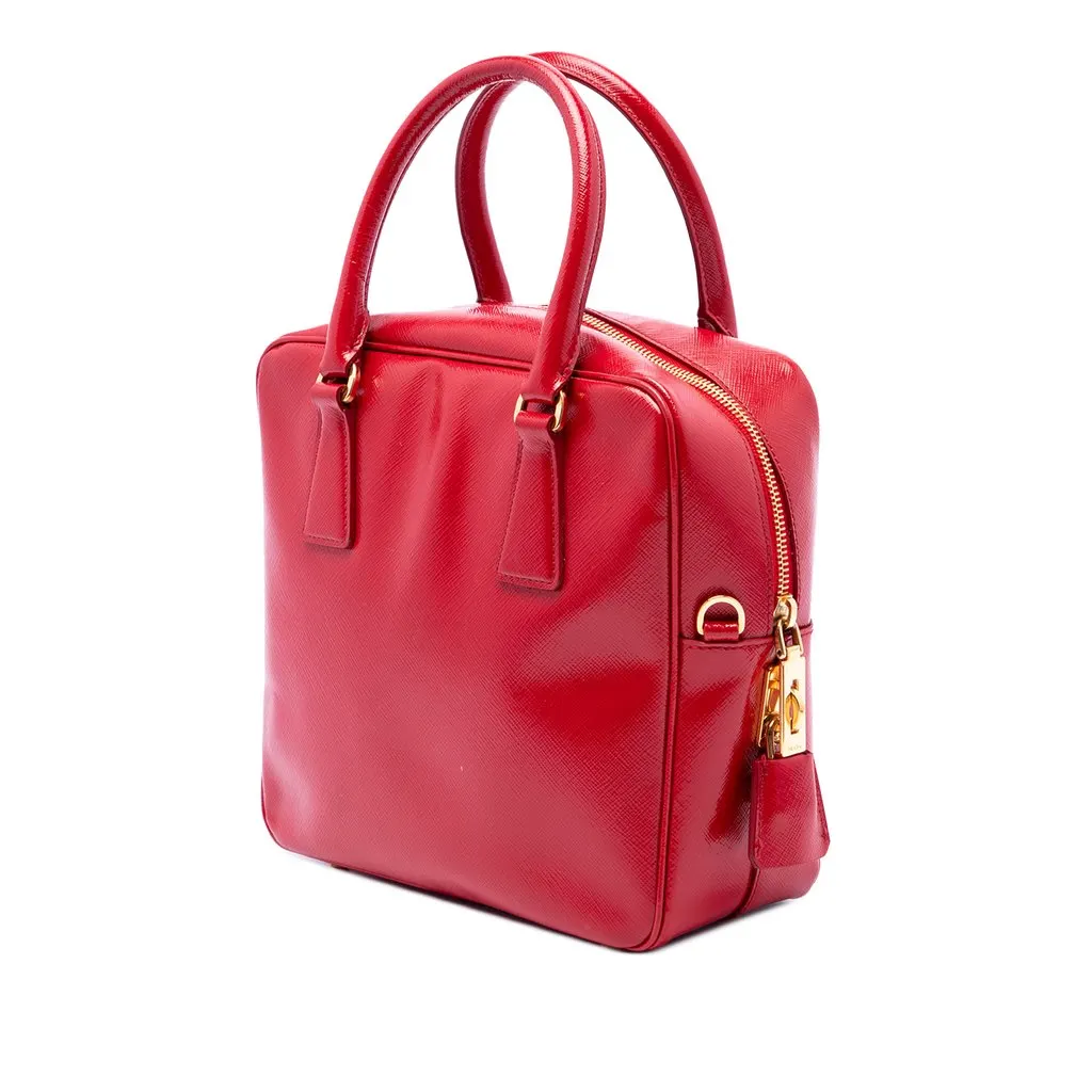 Prada Small Saffiano Vernice Square Bauletto Satchel Red Leather Very good - Back View