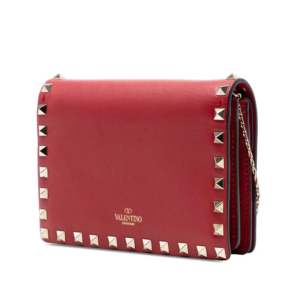 Valentino Leather Rockstud Chain Pouch Red Leather Very good - Back View