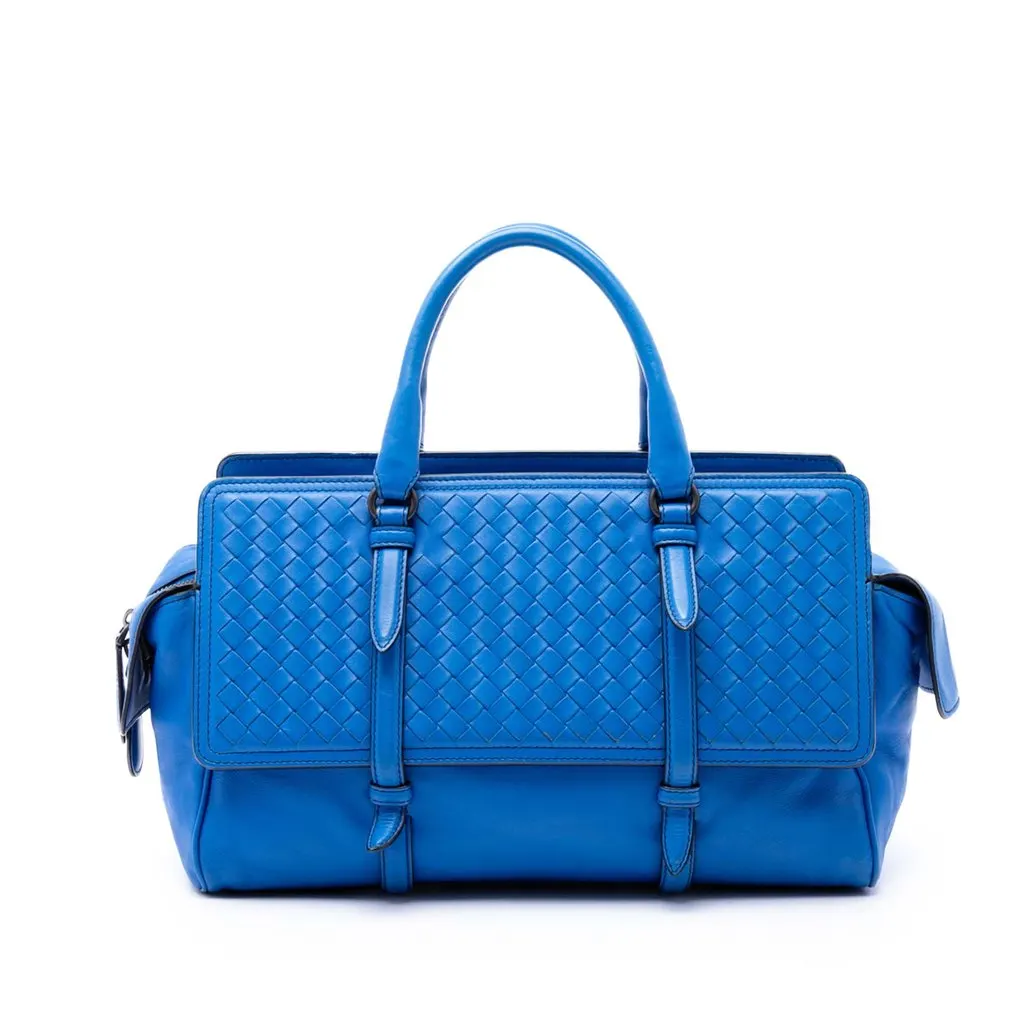 Bottega Veneta Medium Nappa Intrecciato Monaco Satchel Blue Leather Very good - Front View