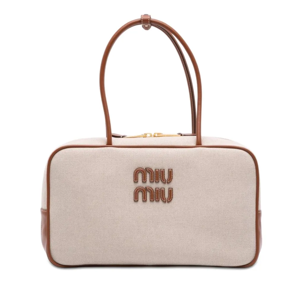 Miu Miu Large Canvas and Leather Logo Beau Handbag Beige Never worn - Front View