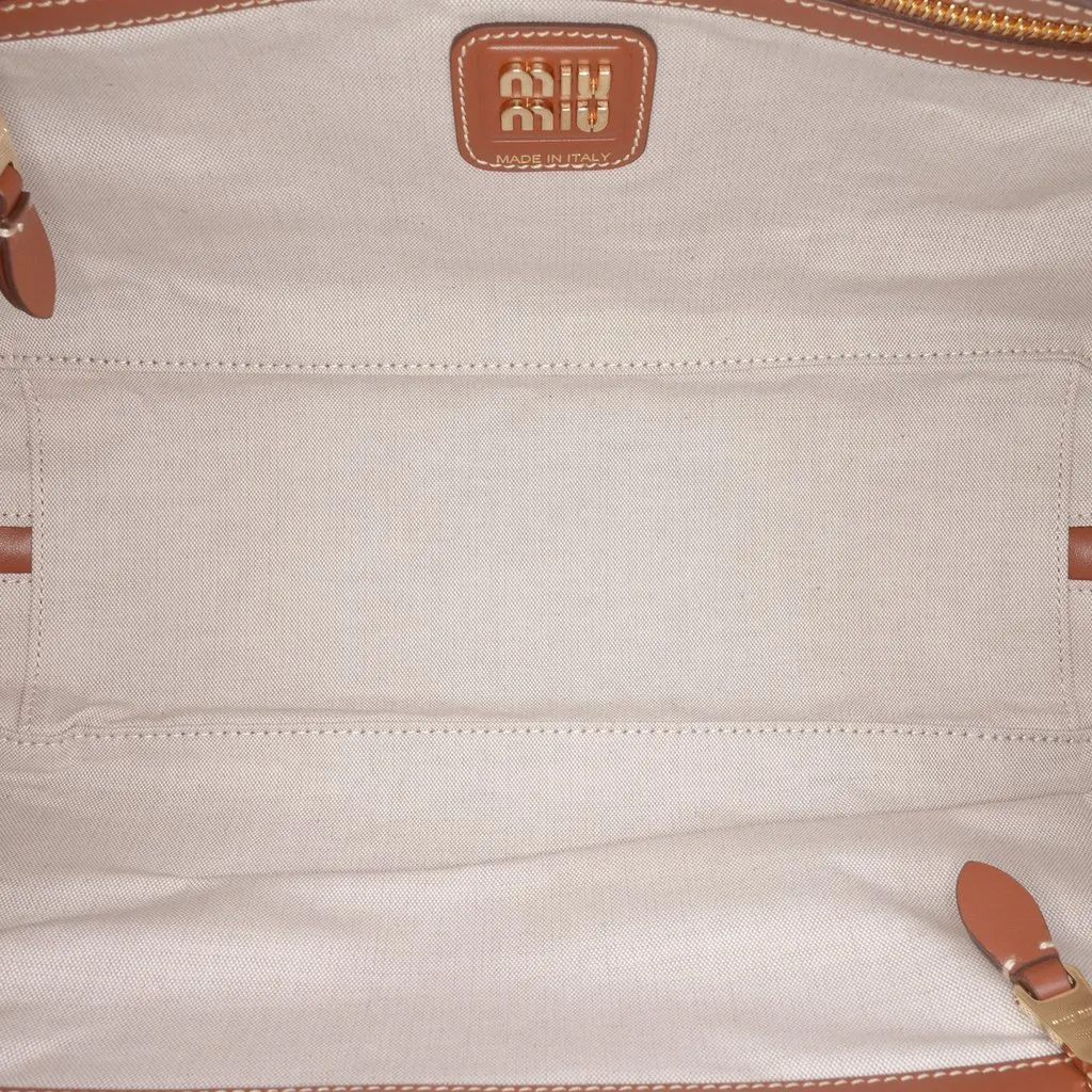 Miu Miu Large Canvas and Leather Logo Beau Handbag Beige Never worn - Model View