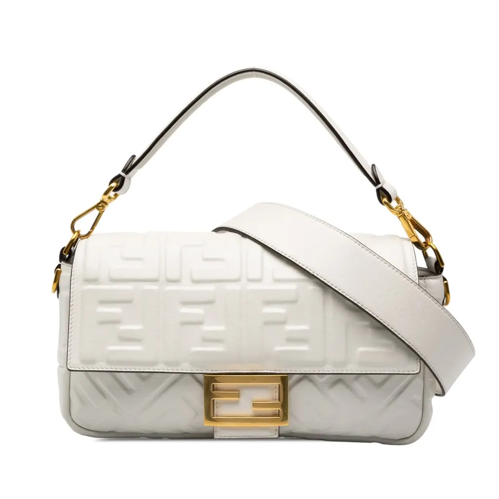 Fendi Zucca Embossed Leather Baguette Satchel White Leather Good - Front View