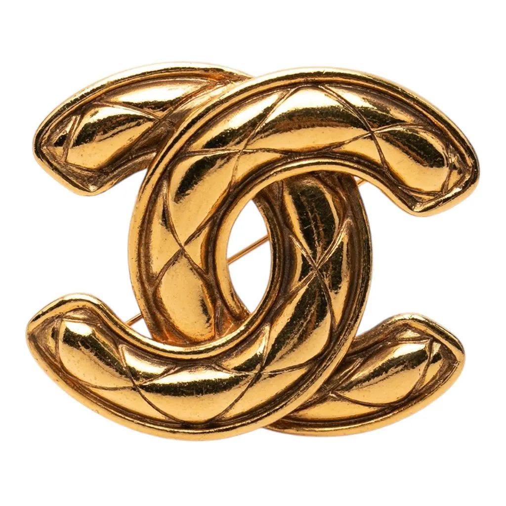 Chanel CC Gold Plated Quilted Brooch Gold Metal Very good - Front View
