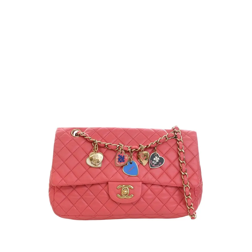 Chanel Medium Classic Lambskin Valentines Heart Charms Single Flap Pink Leather Very good - Front View