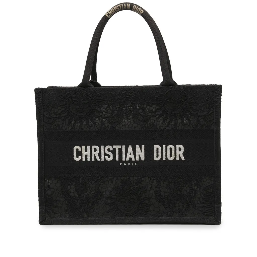 Dior متوسطة قماش و مطرّزة Mesh Macrame Toile دو Jouy Soleil بوك حقيبة توت
