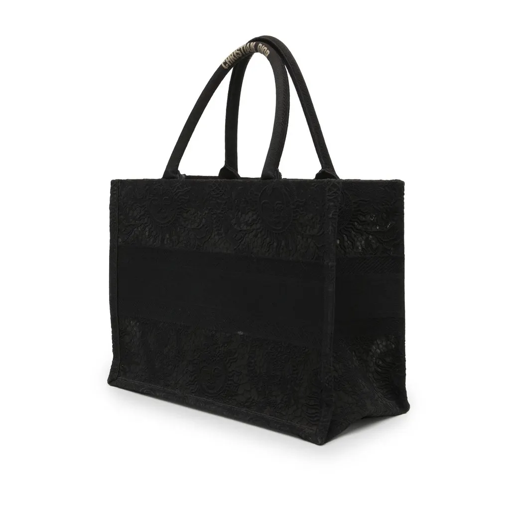 Dior Medium Canvas and Embroidered Mesh Macrame Toile de Jouy Soleil Book Tote Black Canvas Very good - Back View