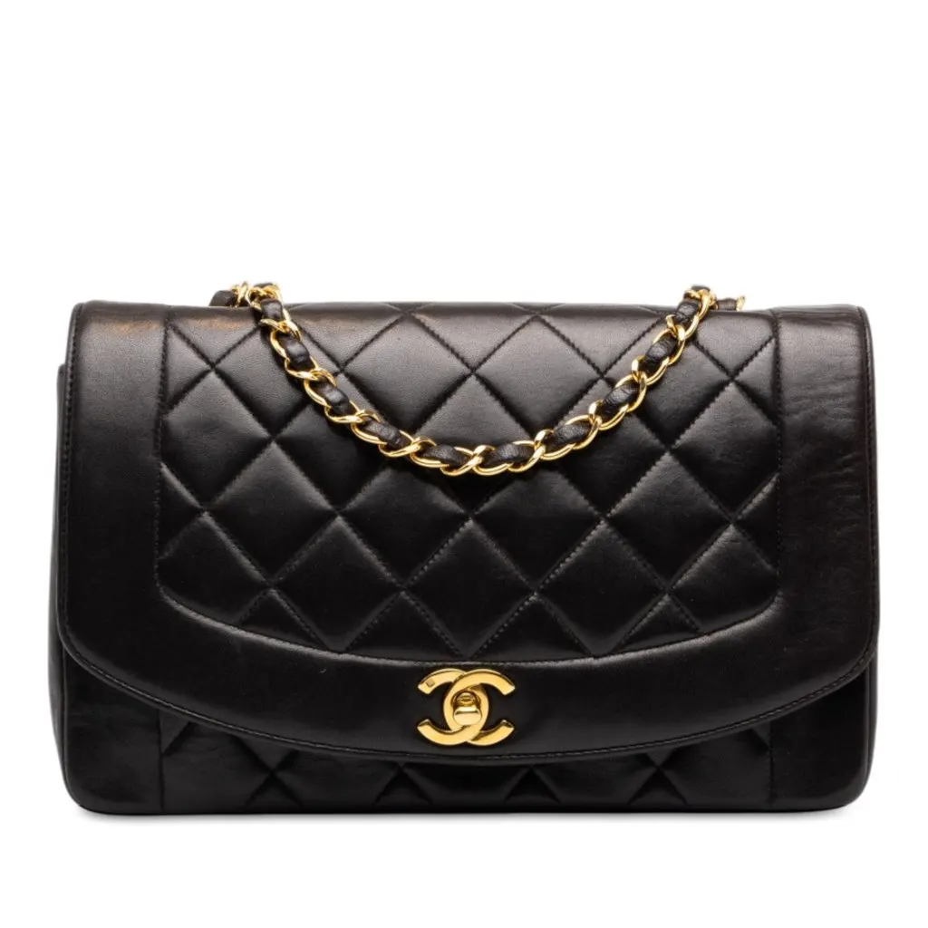Chanel Small Quilted Lambskin Diana Single Flap Black Leather Good - Front View