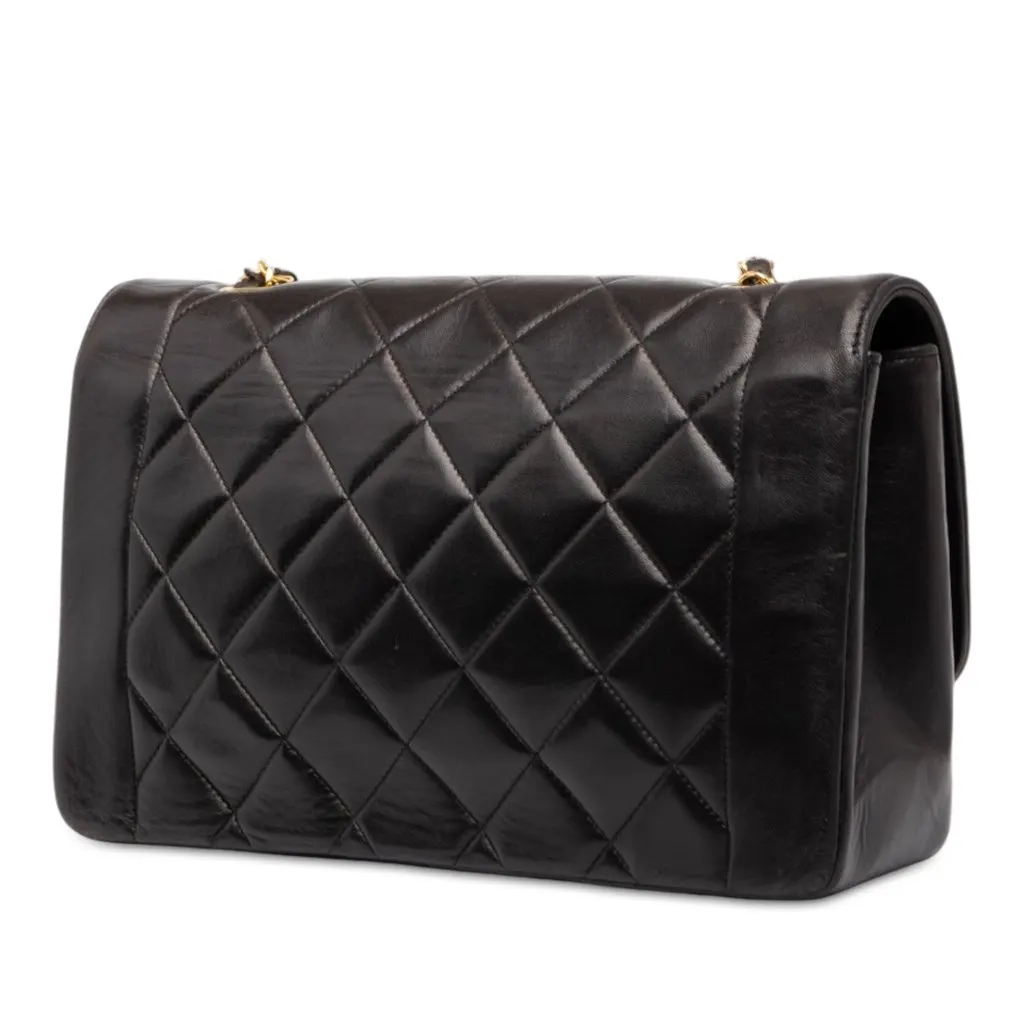 Chanel Small Quilted Lambskin Diana Single Flap Black Leather Good - Back View