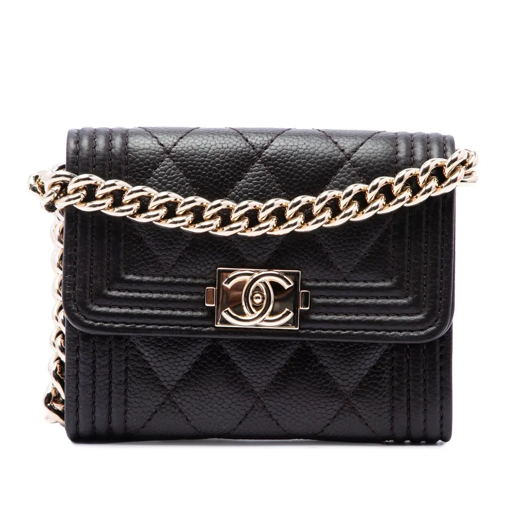 Chanel Quilted Caviar Boy Card Holder with Chain Brown Leather Good - Front View