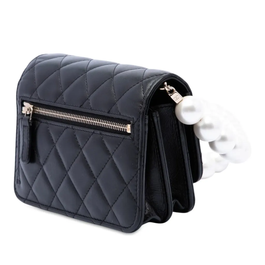Chanel CC Quilted Lambskin Maxi Pearl Chain Strap Black Leather Very good - Back View