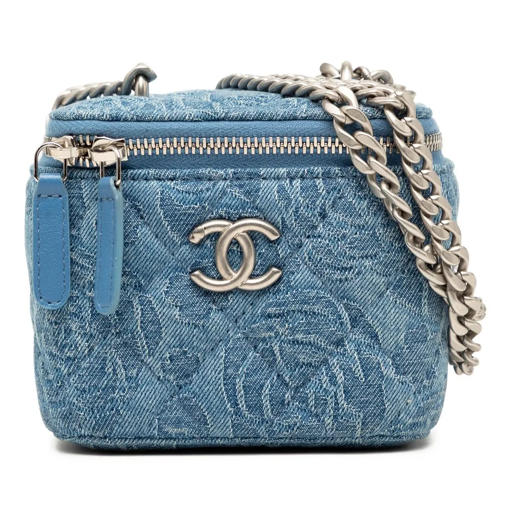 Chanel Mini Quilted Denim Camellia Sweetheart Vanity Case With Chain Blue Very good - Front View