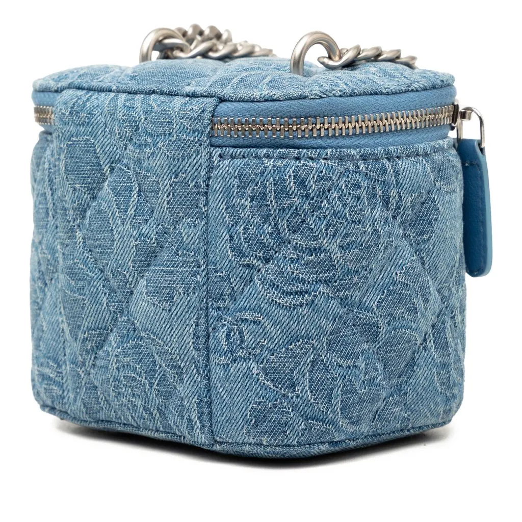 Chanel Mini Quilted Denim Camellia Sweetheart Vanity Case With Chain Blue Very good - Back View