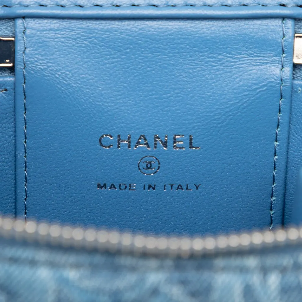 Chanel Mini Quilted Denim Camellia Sweetheart Vanity Case With Chain Blue Very good - Box View