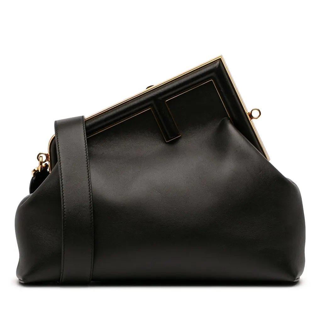Fendi Medium Nappa Fendi First Shoulder Bag Black Leather Very good - Front View