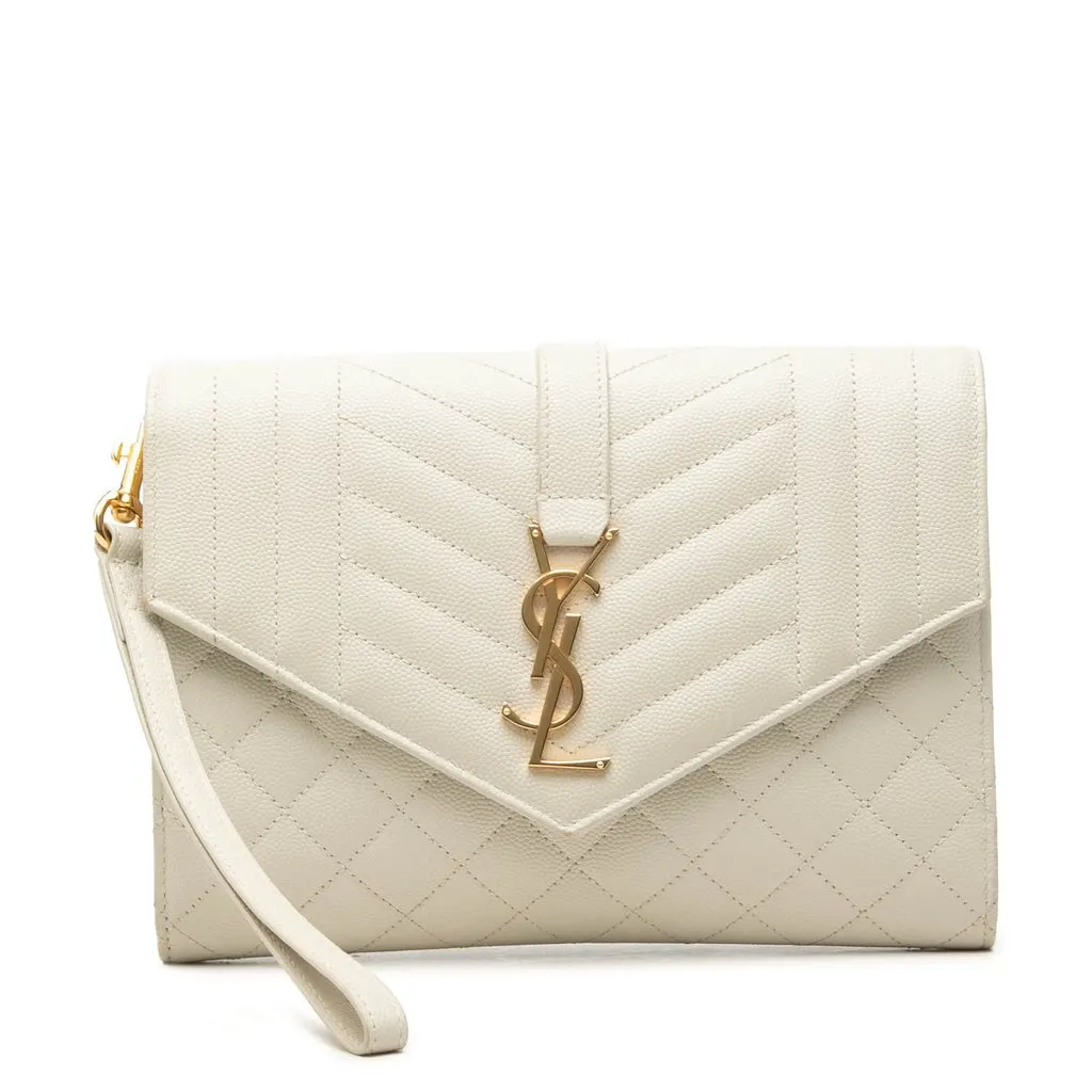 Saint Laurent Grain De Poudre Triquilt Monogram Envelope Clutch White Leather Very good - Front View