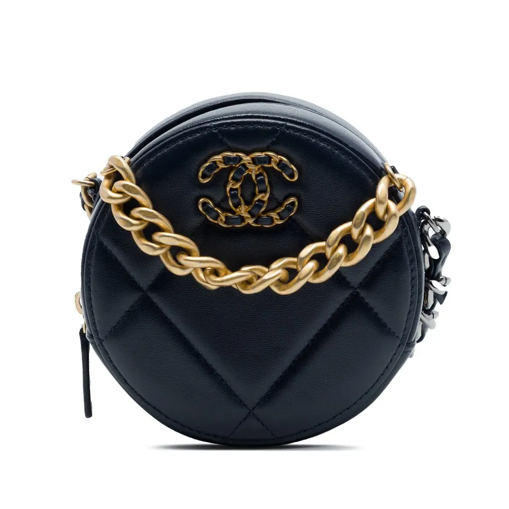 Chanel Lambskin 19 Round Clutch with Chain Blue Leather Very good - Front View