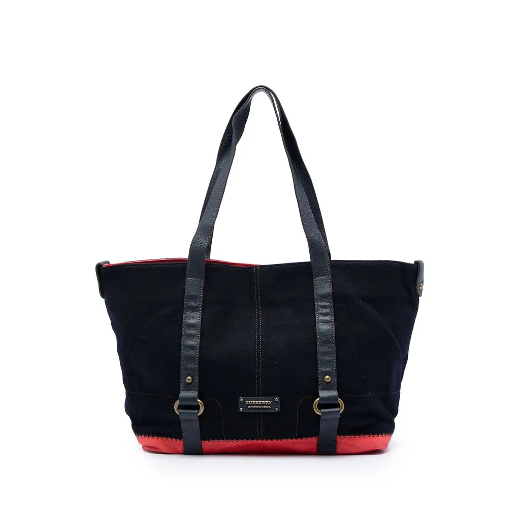 Burberry Leather Trimmed Canvas Tote Blue Denim Very good - Front View